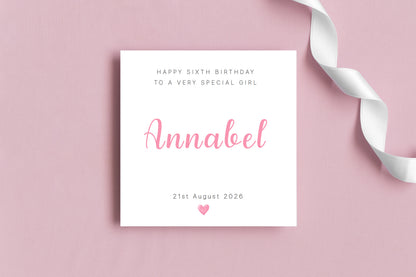 Personalised 6th Birthday Card for Girls – Elegant Minimalist Design with Custom Birthday, Name & Message - Age 6 Years Old Birthday Card for Kids Daughter Granddaughter Niece - Pink Envelope Included