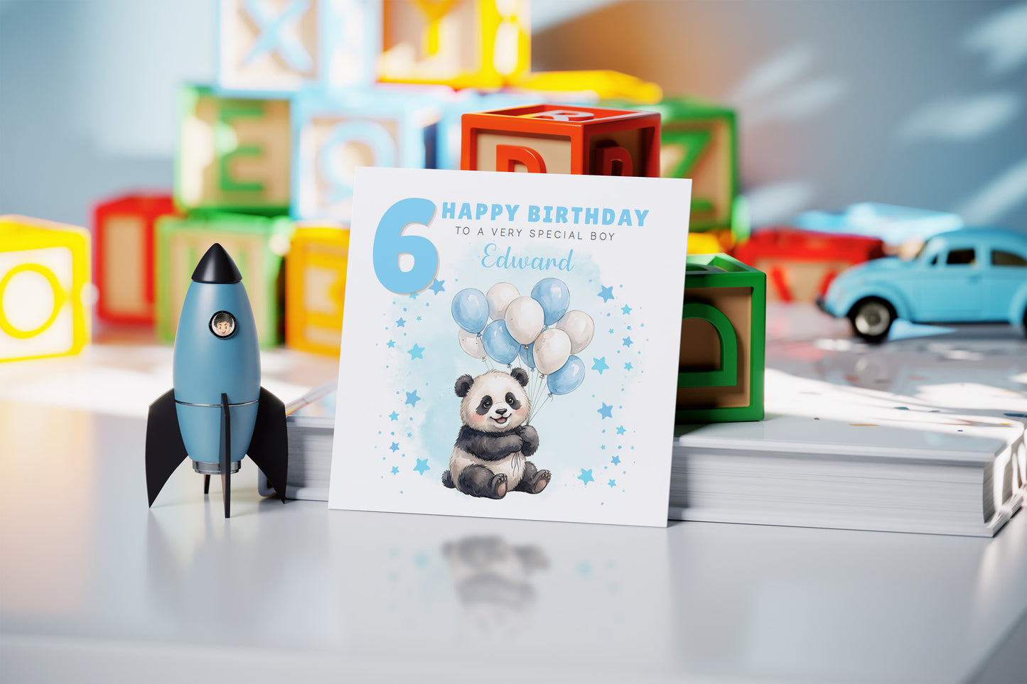 Personalised 6th Birthday Card for Boys – Cute Panda Design with Custom Name and Message, Age 6 Years Old Birthday Card for Kids, Children, Boy, Son, Grandson, Nephew– Blue Envelope Included