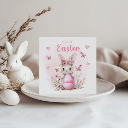Personalised Happy Easter Bunny Card for Girls with Custom Name - Easter Rabbit and Egg Design for Daughter, Granddaughter, Niece, Kids, Girl, Baby Girl, Little One – Pink Envelope Included