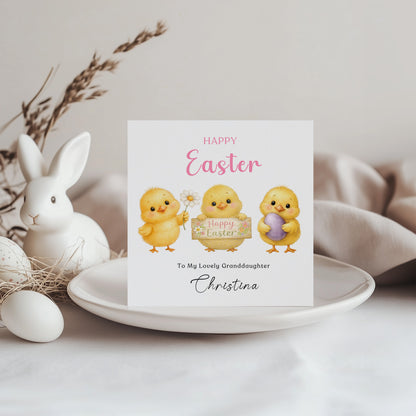 Personalised Happy Easter Card for Girls with Custom Name and Message - Three Baby Chicks Design for Daughter, Granddaughter, Niece, Kids, Girl, Baby Girl, Little One – Pink Envelope Included
