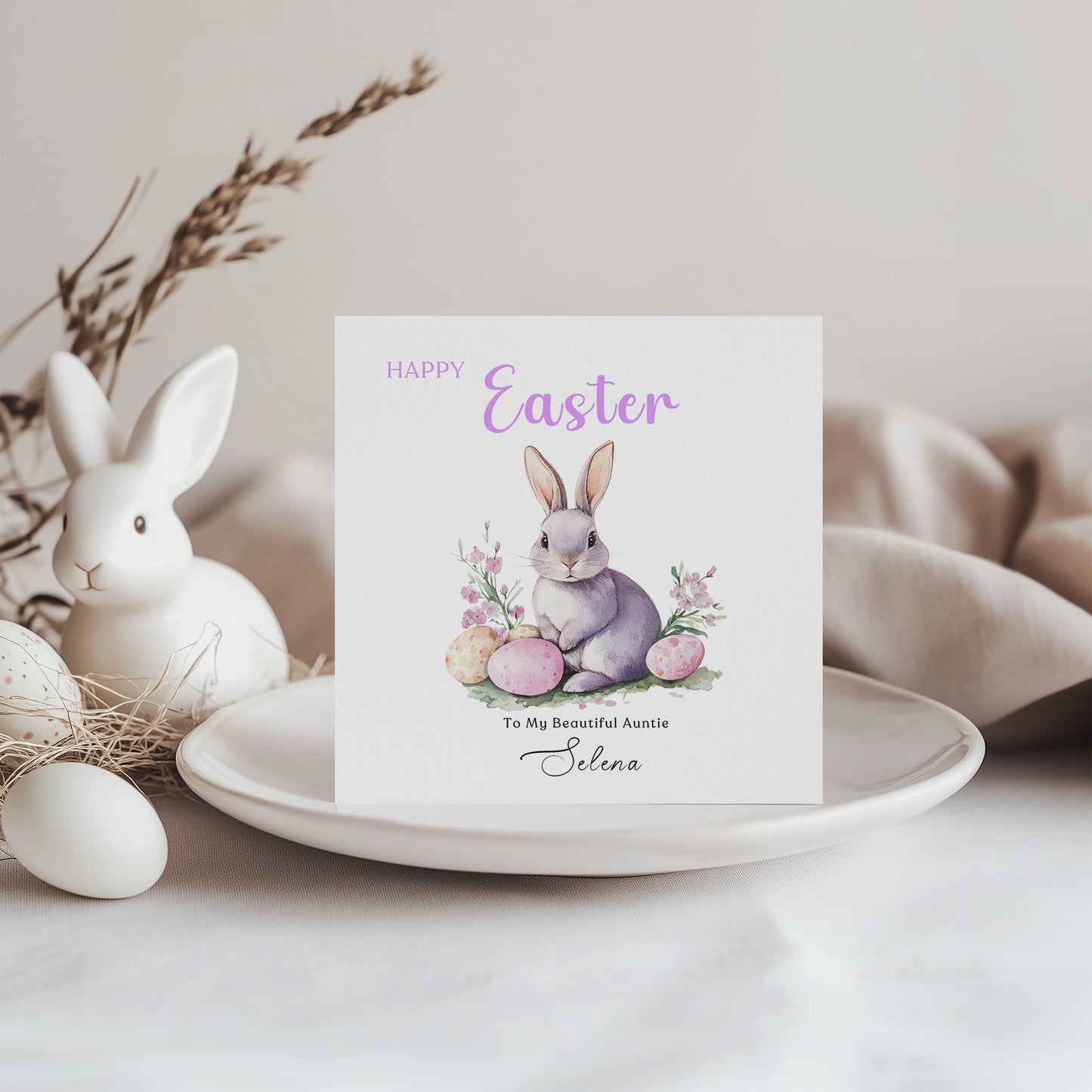 Personalised Happy Easter Card with Custom Name and Message - Purple Bunnies with Easter Eggs Design for Her, Mum, Grandma, Auntie, Daughter, Granddaughter, Niece, Girls – Purple Envelope Included (Copy)