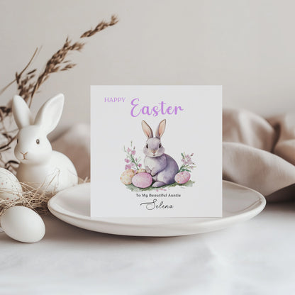 Personalised Happy Easter Card with Custom Name and Message - Purple Bunnies with Easter Eggs Design for Her, Mum, Grandma, Auntie, Daughter, Granddaughter, Niece, Girls – Purple Envelope Included (Copy)