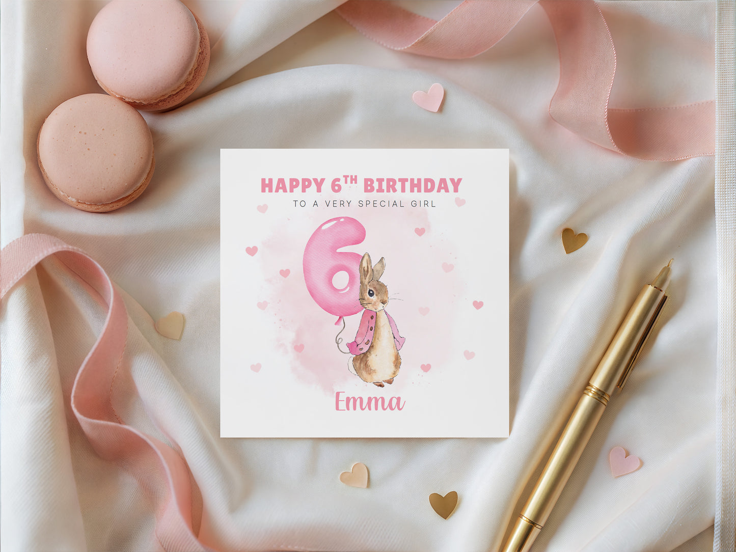 Personalised 6 Years Old 6th Birthday Card for Girls – Cute Rabbit with Custom Name & Message - Age 6 Birthday Card for Kids Children Daughter Granddaughter Niece - Pink Envelope Included