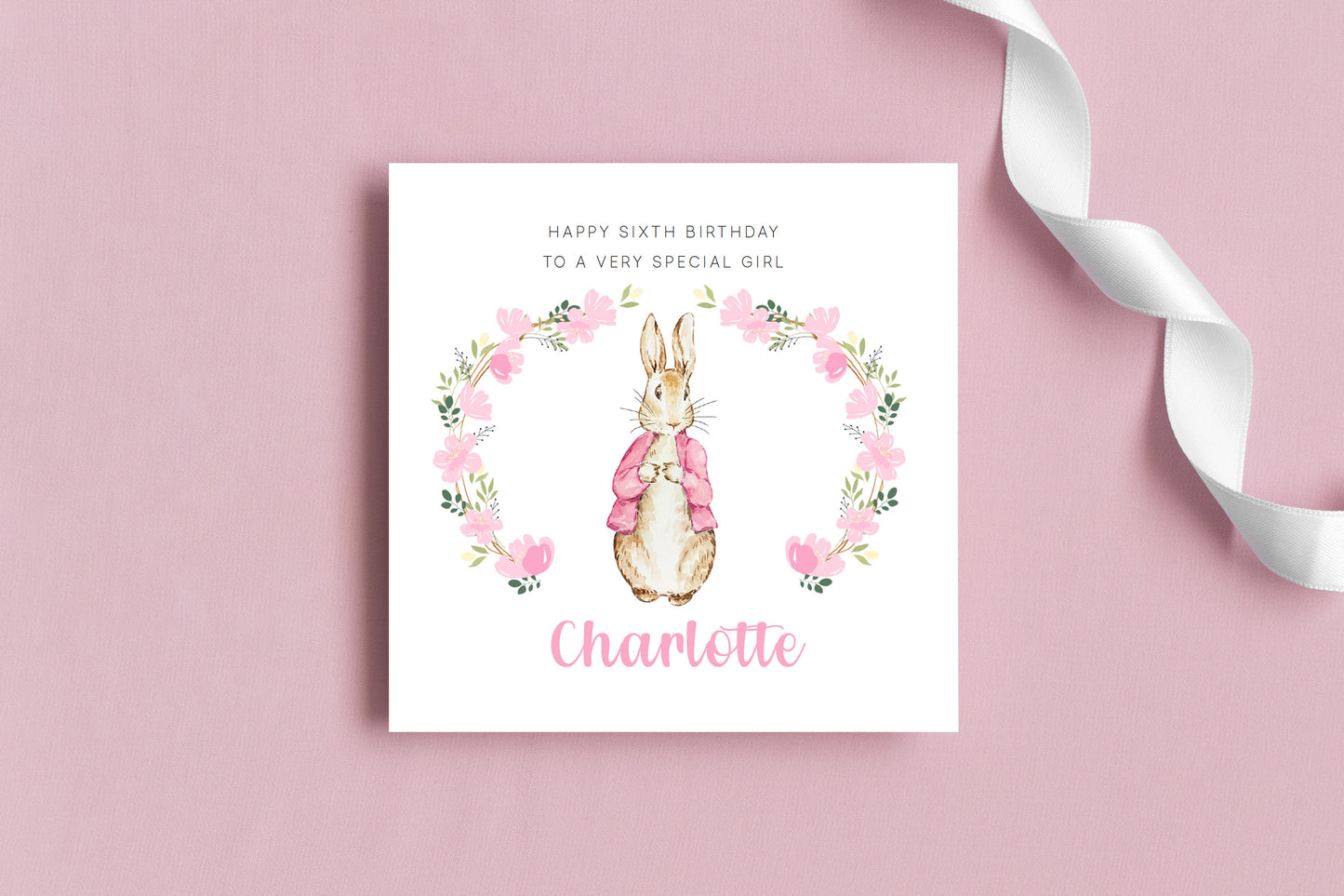 Personalised 6 Years Old 6th Birthday Card for Girls – Cute Rabbit & Wreath with Custom Name & Message - Age 6 Birthday Card for Kids Children Daughter Granddaughter Niece - Pink Envelope Included