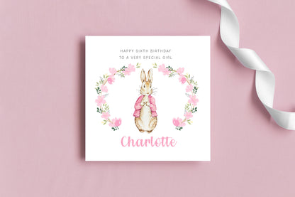 Personalised 6 Years Old 6th Birthday Card for Girls – Cute Rabbit & Wreath with Custom Name & Message - Age 6 Birthday Card for Kids Children Daughter Granddaughter Niece - Pink Envelope Included