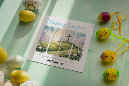 Christian Happy Easter Card – He Is Risen - Religious Easter Card with Cross – Faith Easter Greeting Card for Church, Christians, Friends, Family, Loved Ones - Blue Envelope Included