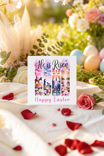 Christian Happy Easter Card – He Is Risen - Religious Easter Card with Cross and Sunrise Design– Faith Easter Greeting Card for Church, Christians, Friends, Family, Loved Ones - Pink Envelope Included
