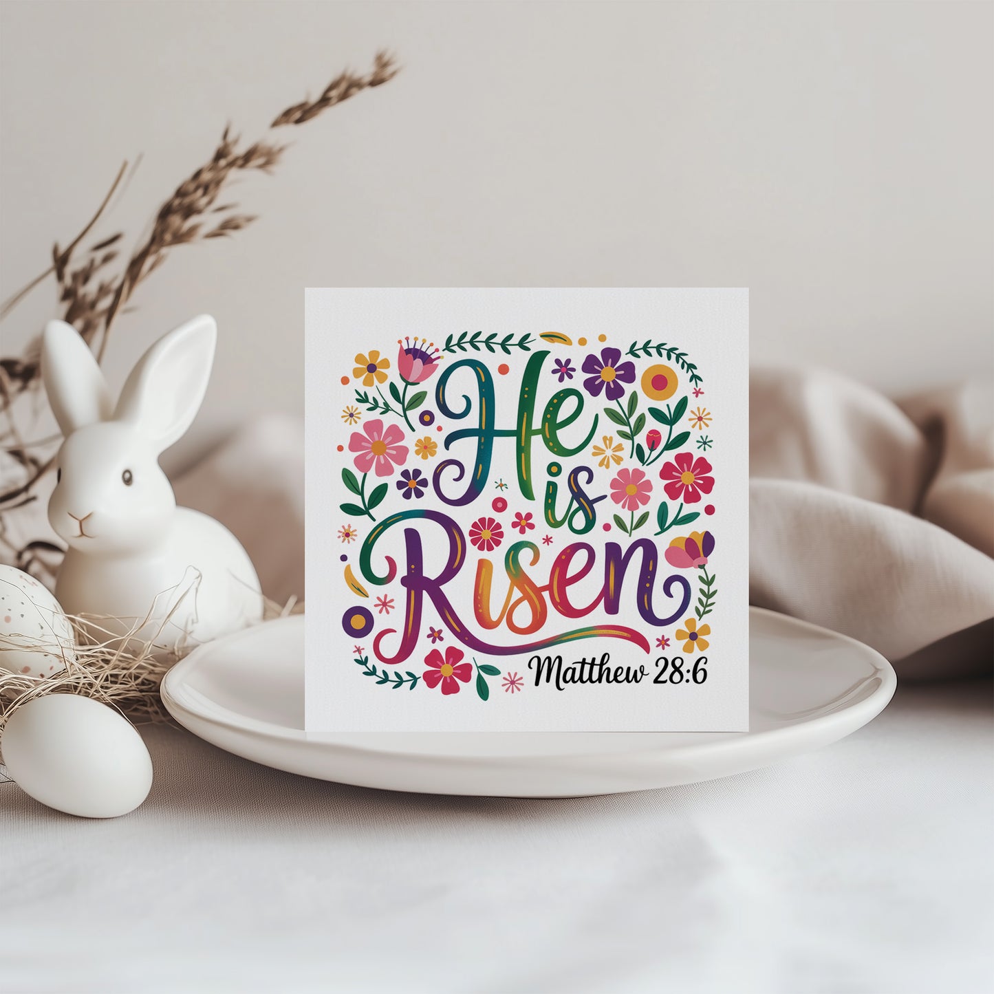 Christian Happy Easter Card – He Is Risen - Religious Easter Card - Floral Resurrection Faith Easter Greeting Card for Church, Christians, Friends, Family, Loved Ones - Yellow Envelope Included