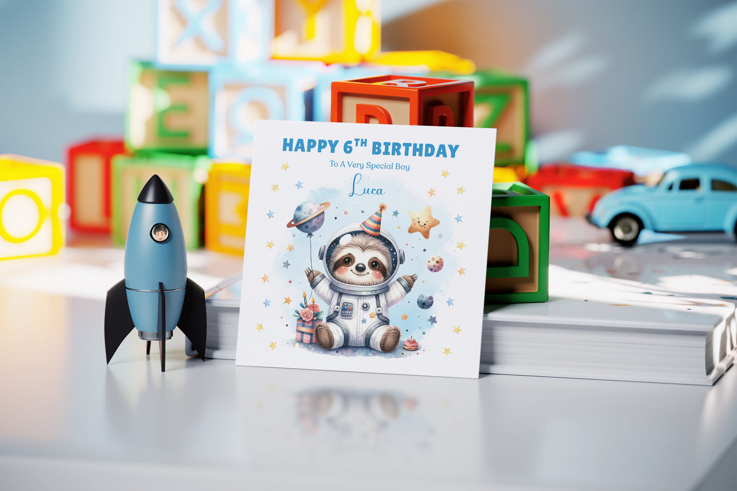 Personalised 6th Birthday Card for Boys – Cute Sloth Design with Custom Name and Message, Age 6 Years Old Birthday Card for Kids, Children, Boy, Son, Grandson, Nephew– Blue Envelope Included