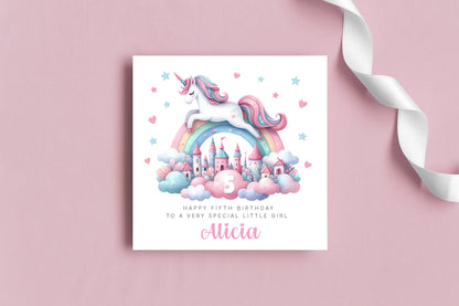 Personalised 5 Years Old 5th Birthday Card for Girls – Magical Unicorn Design with Custom Name & Message - Age 5 Birthday Card for Kids Children Daughter Granddaughter Niece - Pink Envelope Included