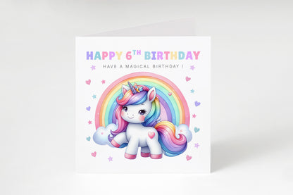 Magical Birthday Card for 6 Years Old 6th Birthday Girls – Sweet Unicorn and Rainbow Design - Age 6 Birthday Card for Kids Children Daughter Granddaughter Niece - Purple Envelope Included