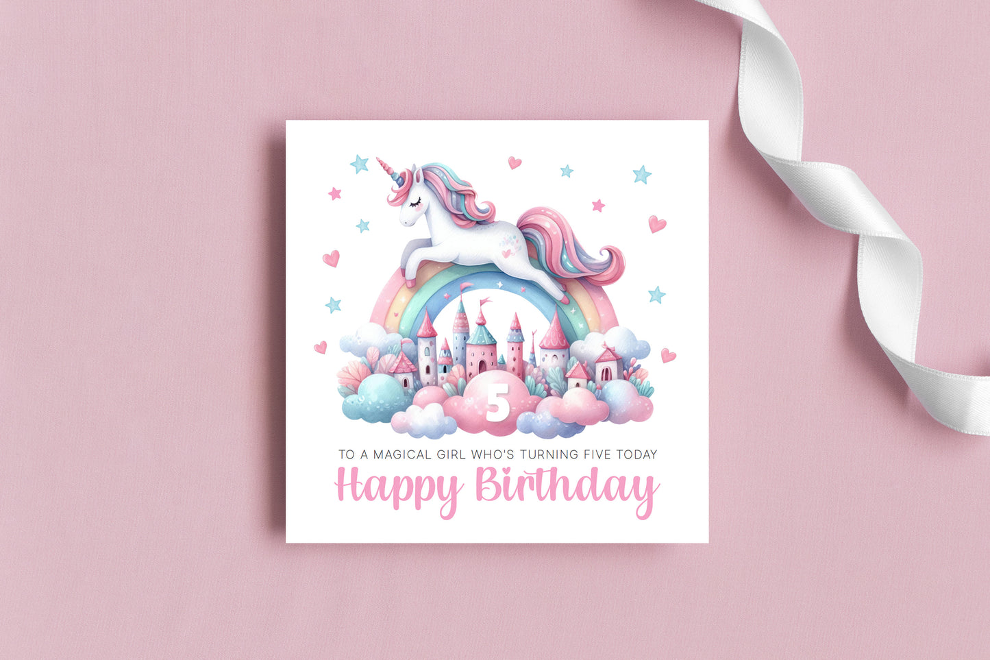 Magical Unicorn Happy Birthday Card Age 5, 5th Birthday 5 Years Old, Fifth Birthday Card for Magical Girls,  Kids, Children, Daughter, Granddaughter, Niece - Pink Envelope Included