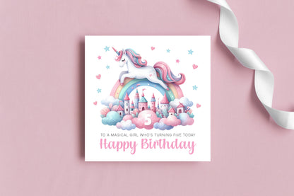 Magical Unicorn Happy Birthday Card Age 5, 5th Birthday 5 Years Old, Fifth Birthday Card for Magical Girls,  Kids, Children, Daughter, Granddaughter, Niece - Pink Envelope Included