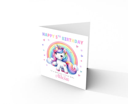Personalised 5 Years Old 5th Birthday Card for Girls – Magical Unicorn Design with Custom Name & Message - Age 5 Birthday Card for Kids Children Daughter Granddaughter Niece - Purple Envelope Included