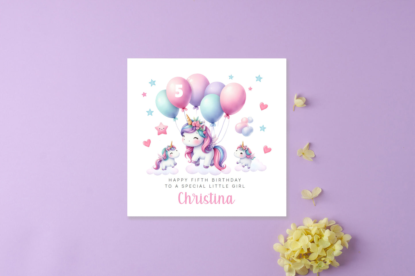 Personalised 5 Years Old 5th Birthday Card for Girls – Magical Unicorn Design with Custom Name & Message - Age 5 Birthday Card for Kids Children Daughter Granddaughter Niece - Pink Envelope Included