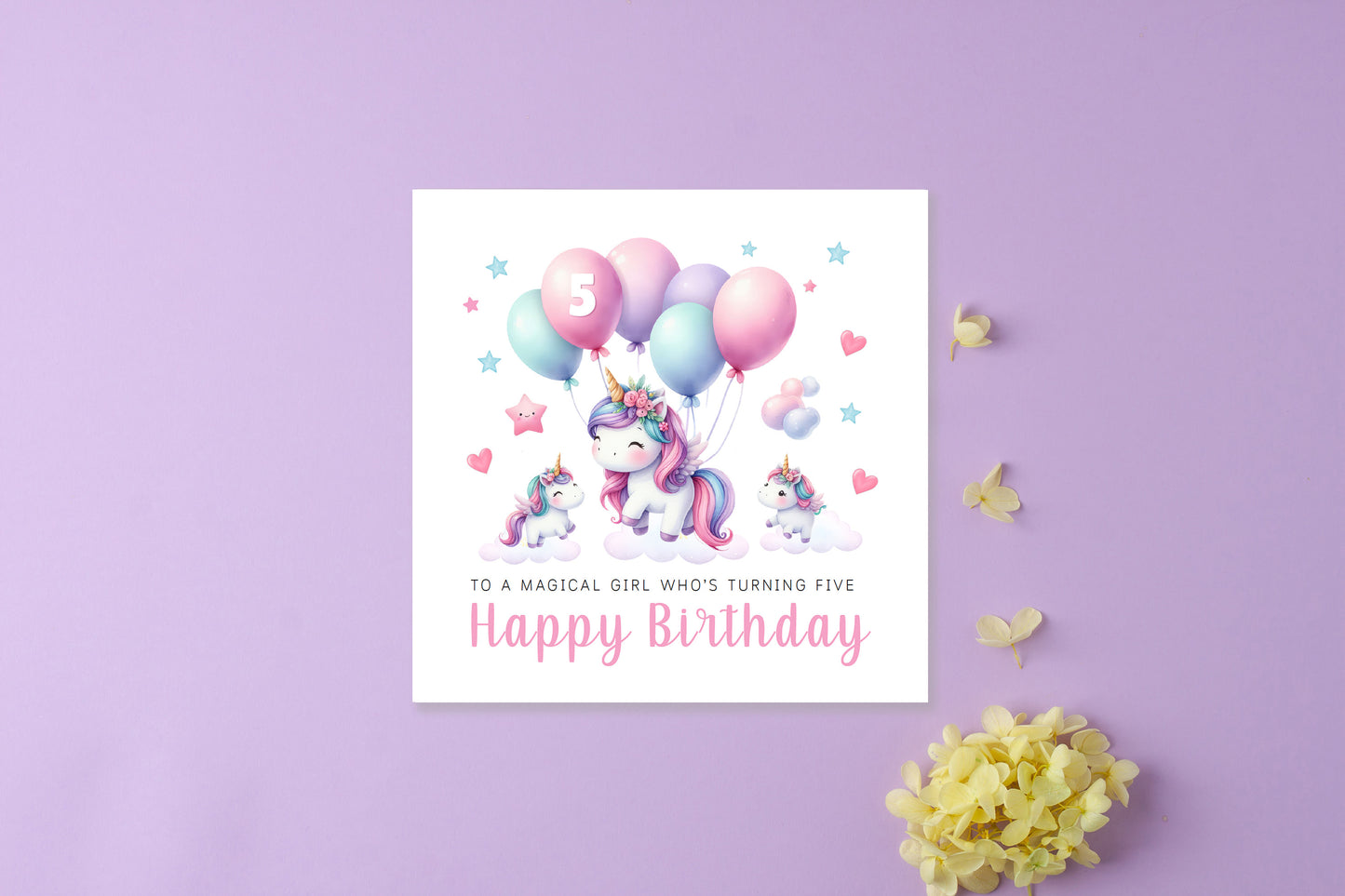 Magical Unicorn Happy Birthday Card Age 5, 5th Birthday 5 Years Old, Fifth Birthday Card for Magical Girls,  Kids, Children, Daughter, Granddaughter, Niece - Pink Envelope Included