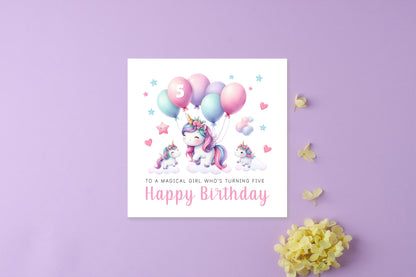 Magical Unicorn Happy Birthday Card Age 5, 5th Birthday 5 Years Old, Fifth Birthday Card for Magical Girls,  Kids, Children, Daughter, Granddaughter, Niece - Pink Envelope Included
