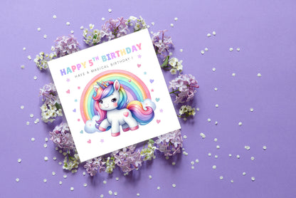 Magical Unicorn Happy Birthday Card Age 5, 5th Birthday 5 Years Old, Fifth Birthday Card for Magical Girls,  Kids, Children, Daughter, Granddaughter, Niece - Purple Envelope Includedughter Granddaughter Niece - Purple Envelope Included