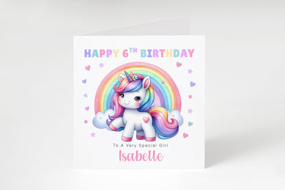 Personalised 6 Years Old 6th Birthday Card for Girls – Magical Unicorn Design with Custom Name & Message - Age 6 Birthday Card for Kids Children Daughter Granddaughter Niece - Purple Envelope Included