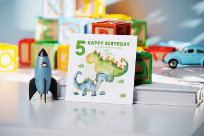 Personalised 5th Birthday Card for Boys – Dinosaur Design with Custom Name & Message for Age 5 Years Old, Fifth Birthday Kids, Son, Grandson, Nephew –  Green Envelope Included