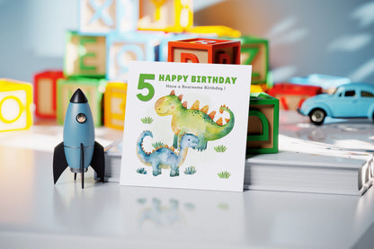Dinosaur 5th Birthday Card for Boys – Roarsome Dinosaur Birthday Card for Age 5 Years Old, Fifth Birthday Kids, Son, Grandson, Nephew –  Green Envelope Included