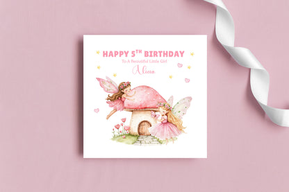 Personalised 5 Years Old 5th Birthday Card for Girls – Magical Fairy Design with Custom Name & Message - Age 5 Birthday Card for Kids Children Daughter Granddaughter Niece - Pink Envelope Included