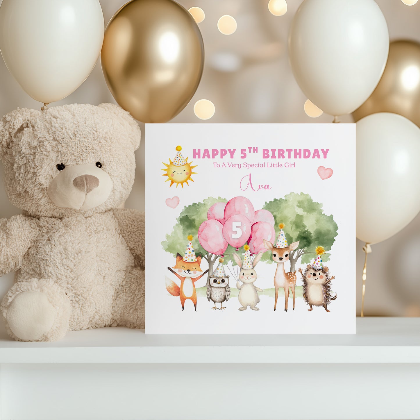 Personalised 5th Birthday Card for Girls – Woodland Animals Design with Custom Name and Message – Age 5 Years Old Birthday Card for Girls, Kids, Daughter, Granddaughter, Niece – Pink Envelope Included