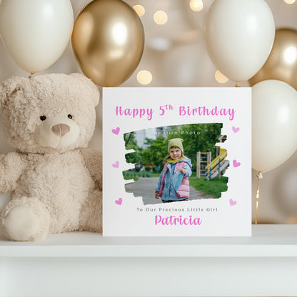 Personalised Photo 5 Years Old 5th Birthday Card for Girls – Brush Stroke Photo Frame with Custom Photo, Name & Message for Age 5 Years Old Kid, Daughter, Granddaughter, Niece with Pink Envelope
