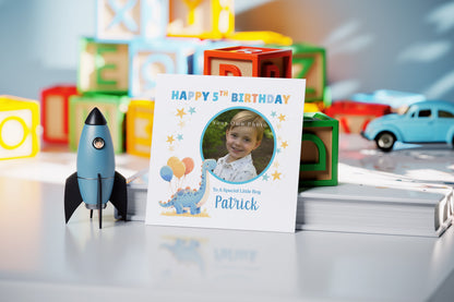 Personalised Photo 5th Birthday Card for Boys – Diplodocus Dinosaur Design with Custom Photo, Name & Message for Age 5 Years Old, Fifth Birthday Kids, Son, Grandson, Nephew –  Blue Envelope Included