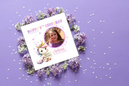 Personalised Photo 5 Years Old 5th Birthday Card for Girls – Unicorn Design with Custom Photo & Name for Age 5 Years Old Kid, Daughter, Granddaughter, Niece -  Purple Envelope Included