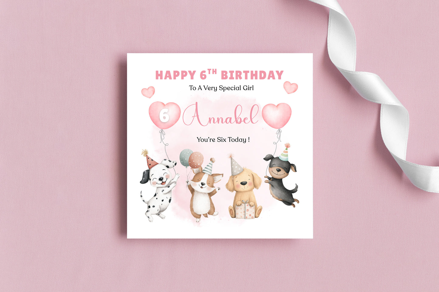 Personalised 6th Birthday Card for Girls – Cute Puppy Dogs Design with Custom Name and Message – Age 6 Years Old Birthday Card for Girls, Kids, Daughter, Granddaughter, Niece – Pink Envelope Included