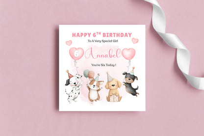 Personalised 6th Birthday Card for Girls – Cute Puppy Dogs Design with Custom Name and Message – Age 6 Years Old Birthday Card for Girls, Kids, Daughter, Granddaughter, Niece – Pink Envelope Included