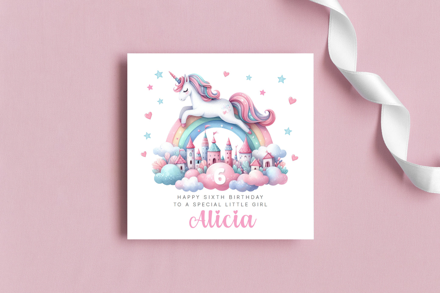 Personalised 6 Years Old 6th Birthday Card for Girls – Magical Unicorn Design with Custom Name & Message - Age 5 Birthday Card for Kids Children Daughter Granddaughter Niece - Pink Envelope Included