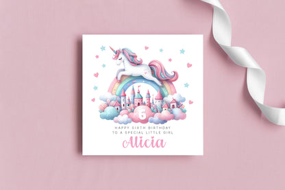 Personalised 6 Years Old 6th Birthday Card for Girls – Magical Unicorn Design with Custom Name & Message - Age 5 Birthday Card for Kids Children Daughter Granddaughter Niece - Pink Envelope Included
