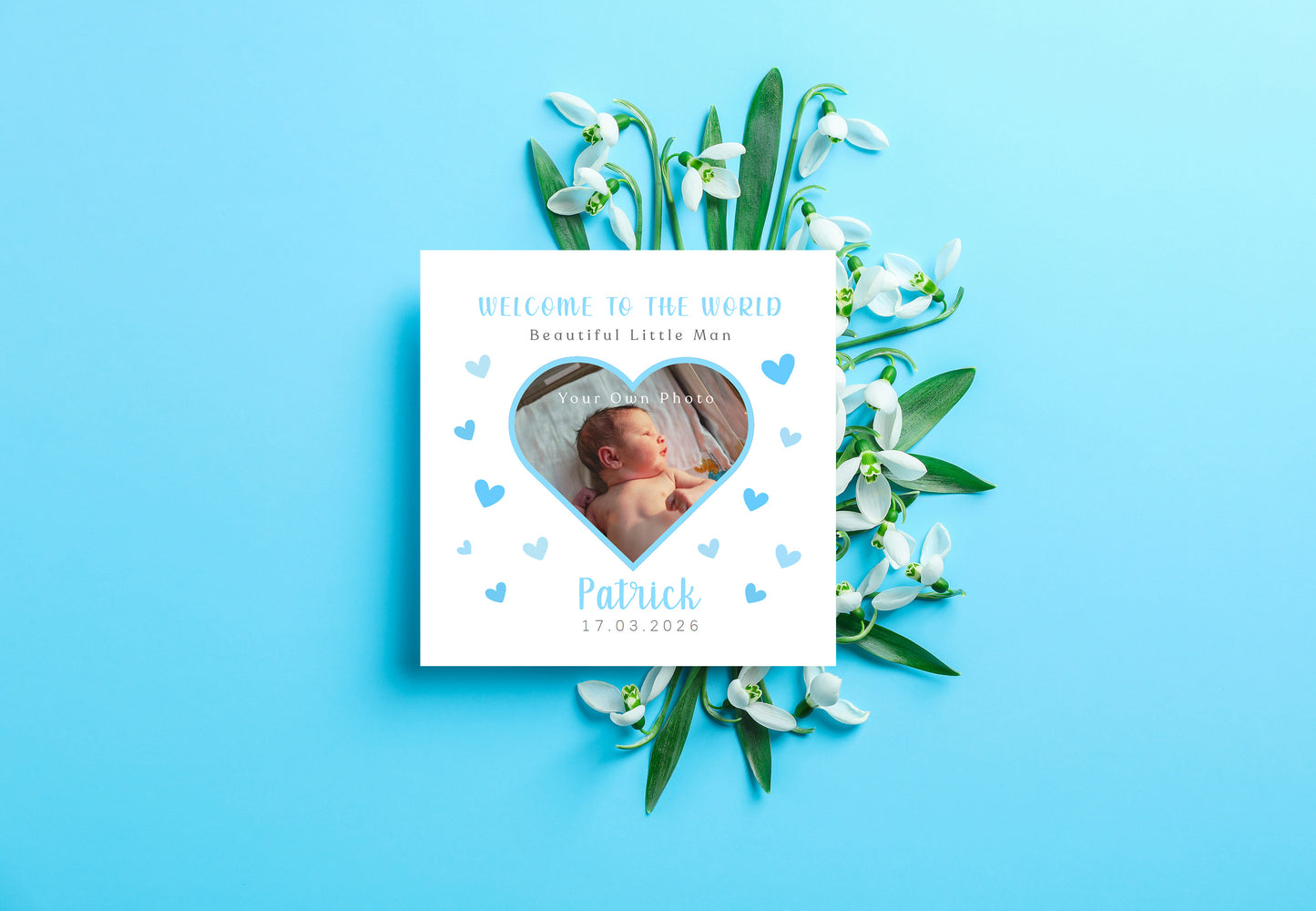 Personalised Photo New Baby Boy Card Congratulations for Newborn Boy, Welcome To The World Card, Baby Shower for Son, Grandson, Nephew, Heart Design with Custom Name, Date and Photo with Blue Envelope