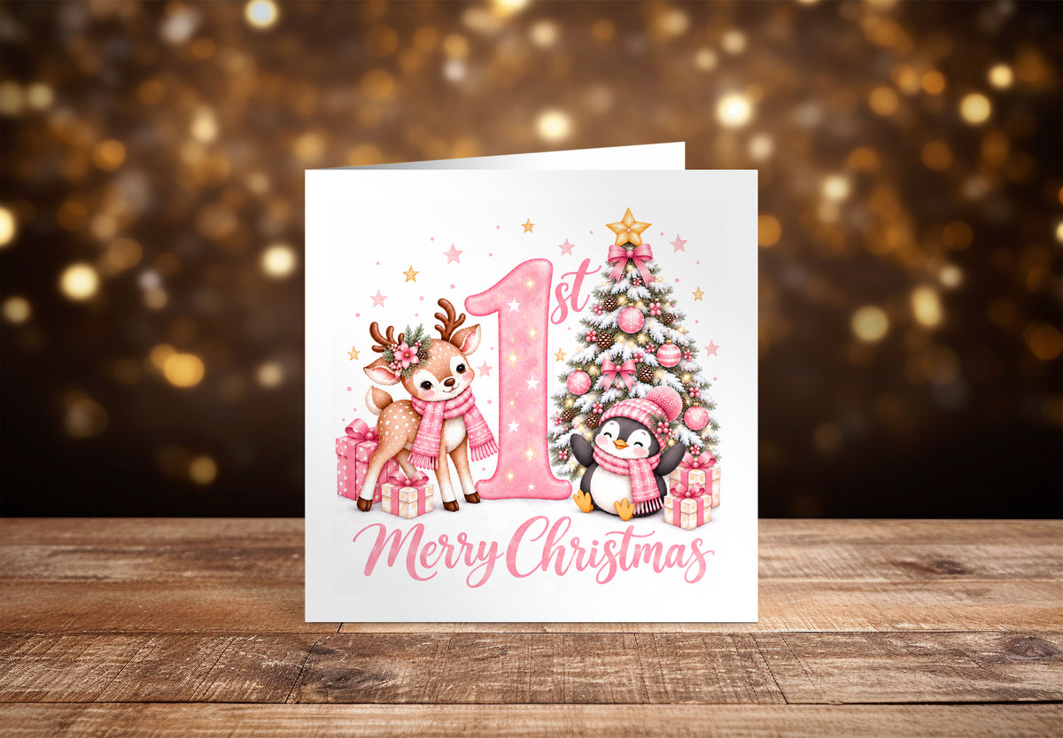 Baby Girl's 1st Christmas Card – Pink Reindeer & Penguin
