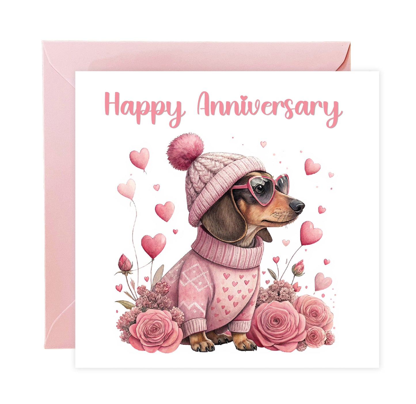 Pink Dachshund Anniversary Card - Cute Sausage Dog Design for Wedding, Dating, Relationship Milestones –1st, 2nd, 3rd, 5th, 10th, 20th - For Dog Lovers, Him, Her, Wife, Husband, Couples