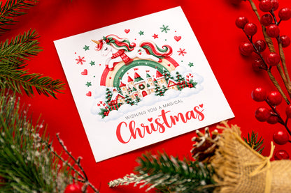 Merry Christmas Card for Girls – Beautiful Magical Unicorn and Xmas Castle