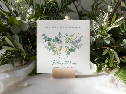 Personalised Christening Card for Boys or Girls – Elegant Greenery Cross Design with Custom Name and Date - Baptism Card for Son, Daughter, Grandson, Granddaughter, Nephew, Niece with Green Envelope