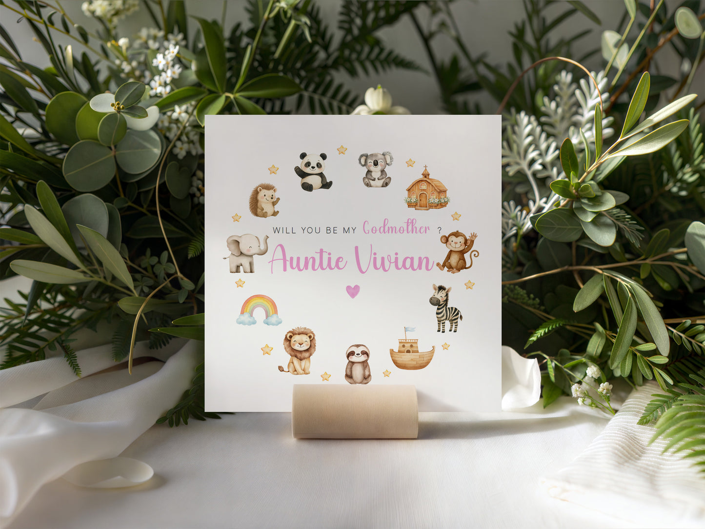 Personalised Godmother Proposal Card -  Will You Be My Godmother Card - Cute Animals Godmother Ask Card - Personalised Baptism Christening Day Proposal Card - Pink Envelope Included