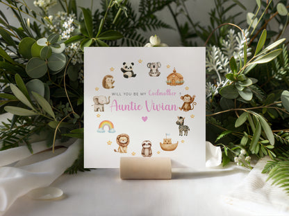 Personalised Godmother Proposal Card -  Will You Be My Godmother Card - Cute Animals Godmother Ask Card - Personalised Baptism Christening Day Proposal Card - Pink Envelope Included