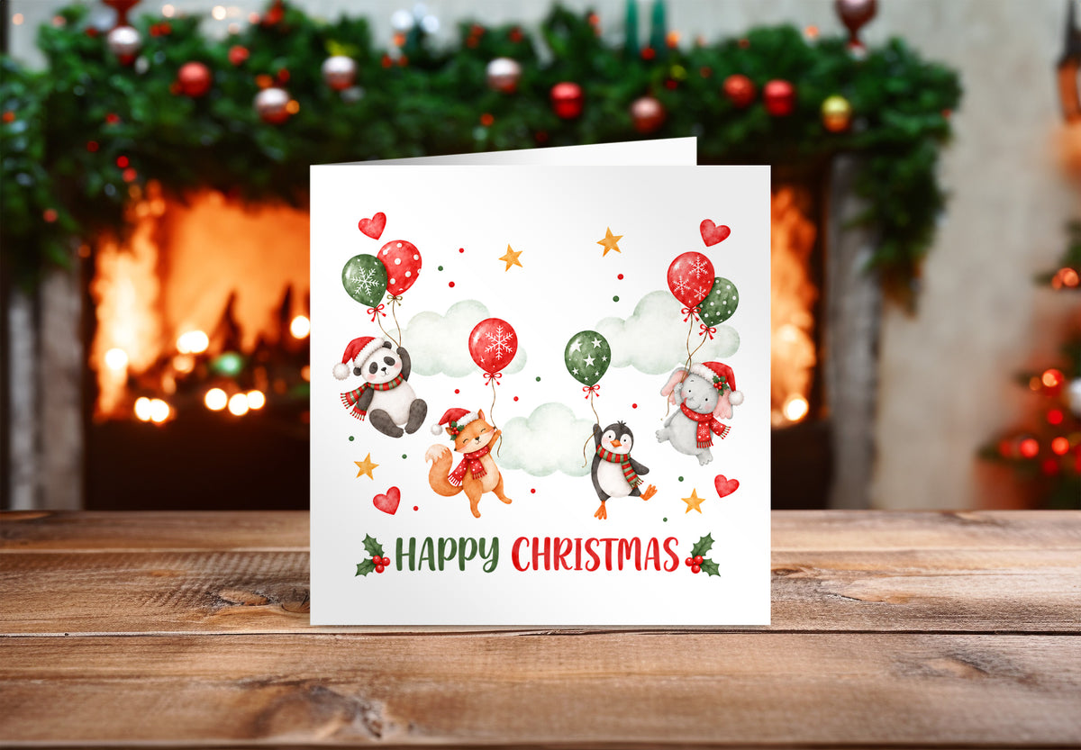 Cute Animal Christmas Card – Panda, Fox, Penguin & Elephant