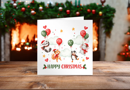 Cute Animal Christmas Card – Panda, Fox, Penguin & Elephant