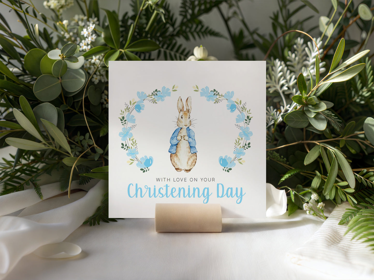 Christening Day Card for Boy – Blue Bunny Floral Wreath Design – With Love on Your Christening Day Religious Baptism Christening Card for Boys, Son, Grandson, Nephew with Blue Envelope