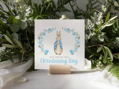 Christening Day Card for Boy – Blue Bunny Floral Wreath Design – With Love on Your Christening Day Religious Baptism Christening Card for Boys, Son, Grandson, Nephew with Blue Envelope
