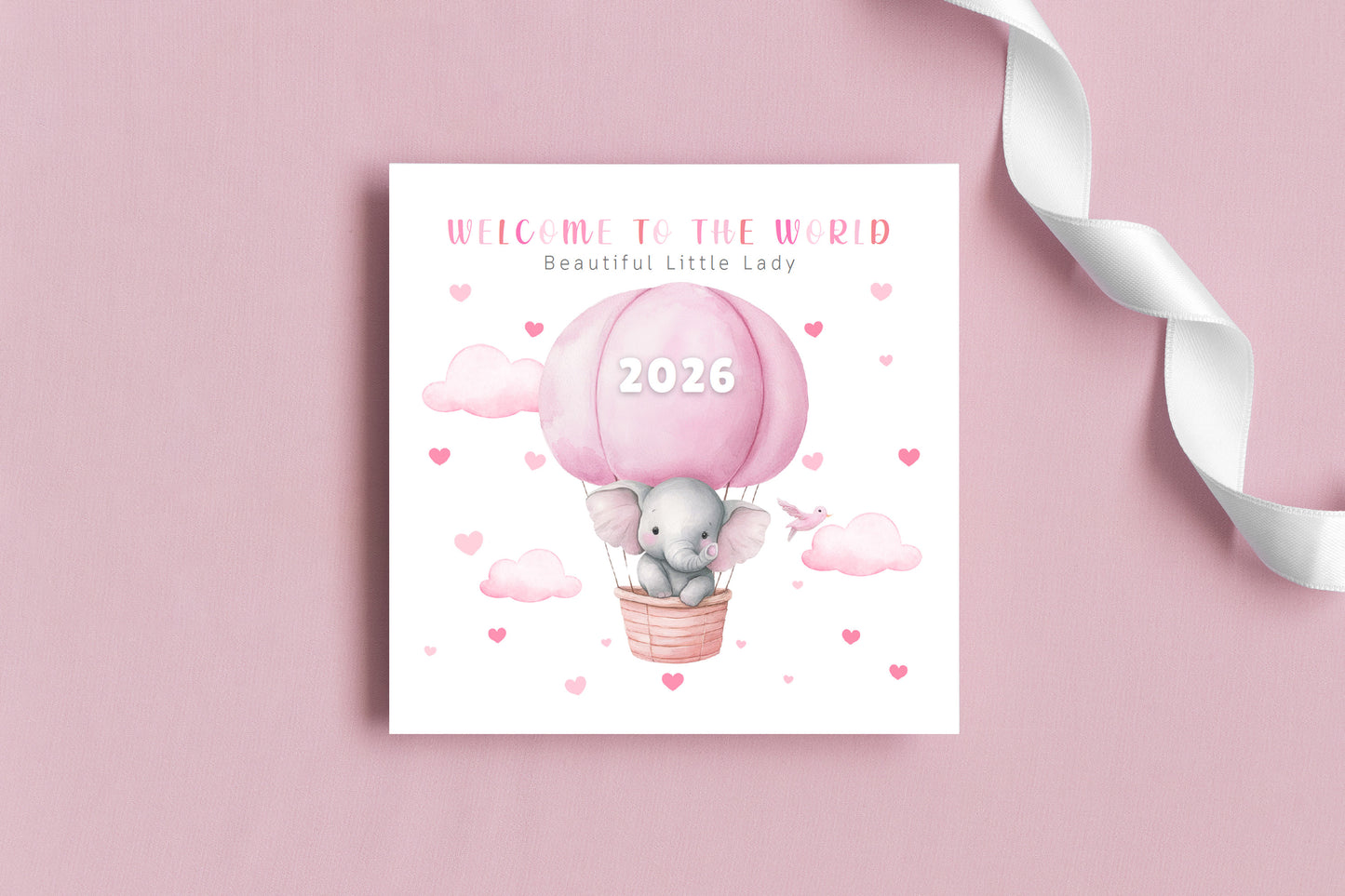 2026 New Baby Girl Card Congratulations for Newborn Daughter, Granddaughter, Niece, Little One - Welcome To The World Card with Elephant and Hot Air Balloon Design - Pink Envelope Included