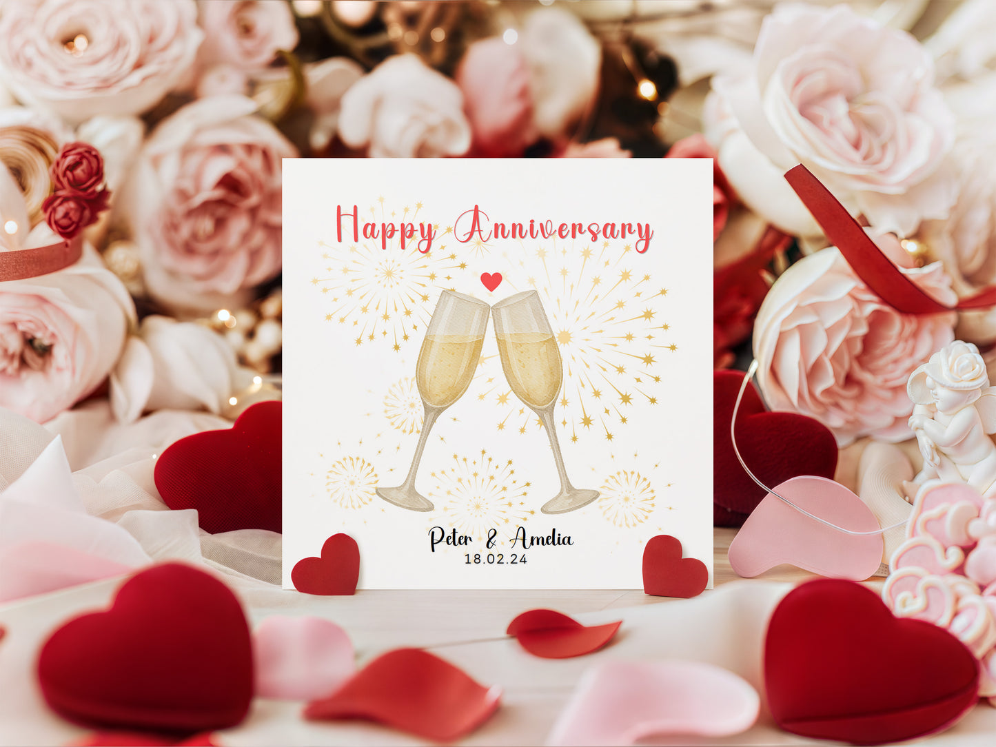 Personalised Anniversary Card - Elegant Champagne Design - Custom Couple's Names and Anniversary Date for Wedding, Relationship, Him, Her, Wife, Husband, Partner, Couple - Kraft Envelope Included
