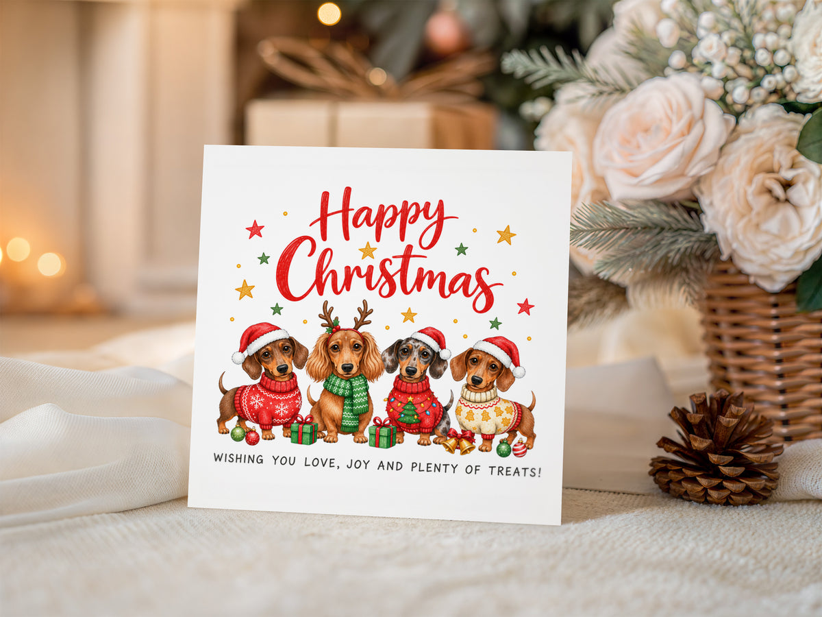 Dachshund Christmas Card for Dog Lovers – Cute Festive Sausage Dogs, Santa & Christmas Design
