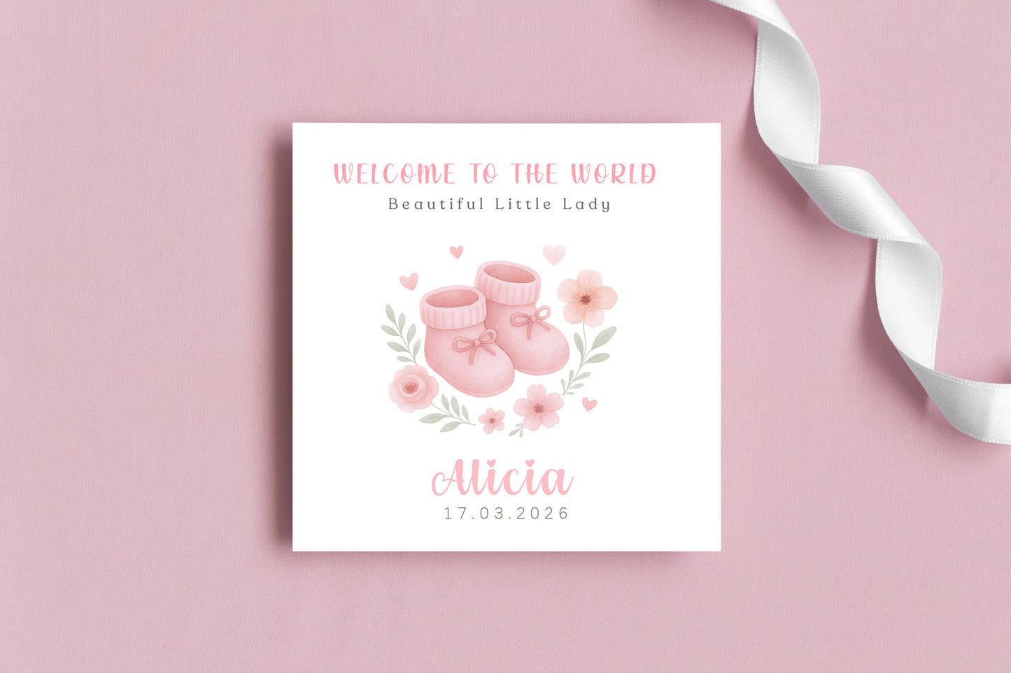 Personalised New Baby Girl Card Congratulations for Newborn Daughter, Granddaughter, Niece - Welcome To The World Card with Pink Baby Shoes Design - Custom Name & Date with Pink Envelope