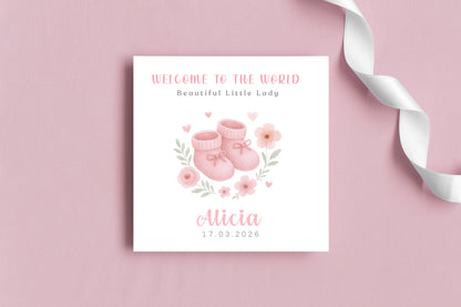 Personalised New Baby Girl Card Congratulations for Newborn Daughter, Granddaughter, Niece - Welcome To The World Card with Pink Baby Shoes Design - Custom Name & Date with Pink Envelope